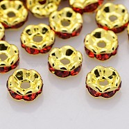 Brass Rhinestone Spacer Beads, Grade A, Wavy Edge, Golden Metal Color, Rondelle, Light Siam, 8x3.8mm, Hole: 1mm(X-RB-A014-L8mm-21G)
