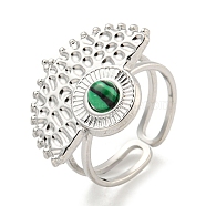 304 Stainless Steel Synthetic Malachite Cuff Rings, Fan Open Rings for Women, Stainless Steel Color, 22.5x17.5mm, Inner Diameter: Adjustable(G-Z056-02P-03)