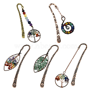5Pcs 5 Style Brass Bookmarks, Horse Eye & Leaf & Chakra & Flat Round with Tree of Life with Natural Mixed Gemstone, Antique Silver, 1pc/style(DIY-NB0006-02)