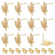 12Pcs Leaf Shape Brass Stud Earring Findings, with Vertical Loops, Nickel Free, with 12Pcs Ear Nuts, Real 18K Gold Plated, 15.5x10mm, Hole: 2mm, pin: 0.5mm(KK-BBC0011-57)
