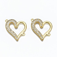 Brass Micro Pave Clear Cubic Zirconia Links Connectors, Nickel Free, Heart, Real 16K Gold Plated, 23x22x2.5mm, Hole: 1.5mm(ZIRC-N039-113-NF)