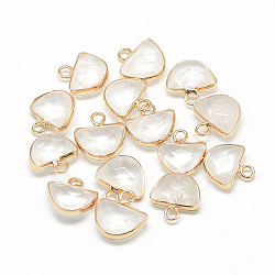 Natural Quartz Crystal Semi Circle Pendants, Rock Crystal, with Brass Findings, Faceted, Half Round, Golden, Clear, 13.5~14.5x13~14x5.5mm, Hole: 2mm(X-G-Q965-09)