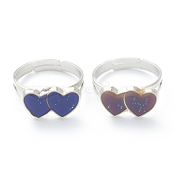 Adjustable Iron Finger Rings, with Epoxy(Color will Change with Different Temperature), Heart, Platinum, Colorful, US Size 6, Inner Diameter: 17mm(RJEW-B032-08P)