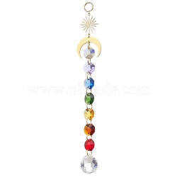 Glass Octagon Beads Hanging Suncatchers, Stainless Steel Moon & Round Charms for Home Garden Window Ornaments, Colorful, 206mm(HJEW-JM02308)