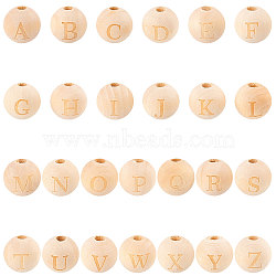 52 Pcs 26 Styles Unfinished Natural Wood European Beads, Large Hole Beads, Laser Engraved Pattern, Round with Word, Letter A~Z, 26 styles, 2pcs/style, 52pcs(WOOD-SC0001-32)