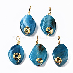 Natural Crackle Agate Pendants, Golden Iron Wire Wrapped Pendants, Dyed, Twist Oval, 29~32x15~17x5~8mm, Hole: 2.5~5mm(G-S359-267)
