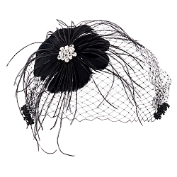 Bridal Wedding Mesh Feather Fascinator Hats Hair Chips, Tea Party Hats, Black, 280x250x16mm(OHAR-WH0011-47B)