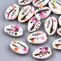 Printed Natural Cowrie Shell Beads, No Hole/Undrilled, with Word & Flower Pattern, Mixed Color, 18~22x13~14x6~8mm(SHEL-S266-16)