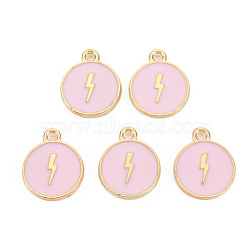 Alloy Enamel Pendants, Cadmium Free & Lead Free, Light Gold, Flat Round with Lightning, Pink, 16x13x2mm, Hole: 1.6mm(ENAM-S121-184C)