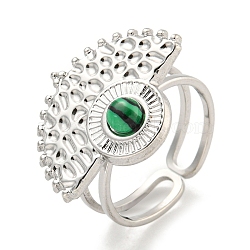 304 Stainless Steel Synthetic Malachite Cuff Rings, Fan Open Rings for Women, Stainless Steel Color, 22.5x17.5mm, Inner Diameter: Adjustable(G-Z056-02P-03)