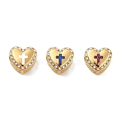 304 Stainless Steel European Beads, Large Hole Beads, with Rhinestone and Enamel, Heart with Cross, Mixed Color, Golden, 11.5x12.5x8.2mm, Hole: 4.2mm(STAS-I191-03G)