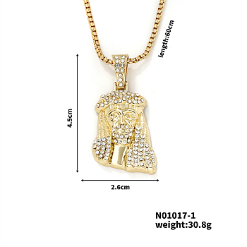 Vintage Alloy Crystal Rhinestone Jesus Head Pendant Necklaces, Golden, 23.62 inch(60cm)