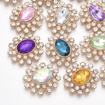 Light Gold Plated Alloy Cabochons, with Resin Rhinestone and Crystal Glass Rhinestone, Faceted, Oval, Mixed Color, 27.5x24.5x7mm