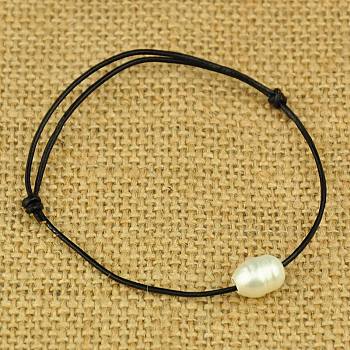 Cowhide Leather Cord Bracelets, with Grade B Natural Freshwater Pearl Beads, White, Adjustable, White, 50~80mm