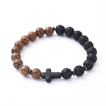 Natural Wood Beads Stretch Bracelets, with Natural Lava Rock Beads, Non-Magnetic Synthetic Hematite Beads and Cross Synthetic Turquoise(Dyed) Beads, Inner Diameter: 2-1/8 inch(5.5cm)