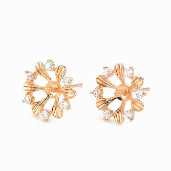 Brass Micro Pave Clear Cubic Zirconia Earring Findings, for Half Drilled Beads, Nickel Free, Flower, Real 18K Gold Plated, 13mm, Pin: 0.8mm, Pin: 1mm(for Half Drilled Beads)