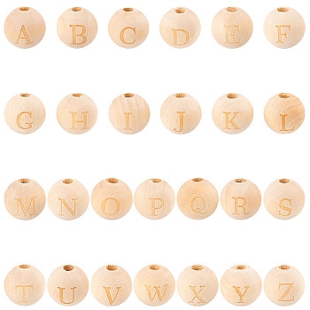 52 Pcs 26 Styles Unfinished Natural Wood European Beads, Large Hole Beads, Laser Engraved Pattern, Round with Word, Letter A~Z, 26 styles, 2pcs/style, 52pcs