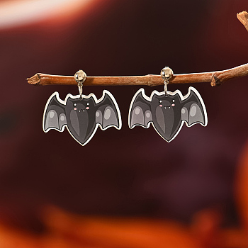 Cute Cartoon Bat Resin Stud Earrings for Halloween Party Gift, Platinum, Black, 45~60x30~26mm