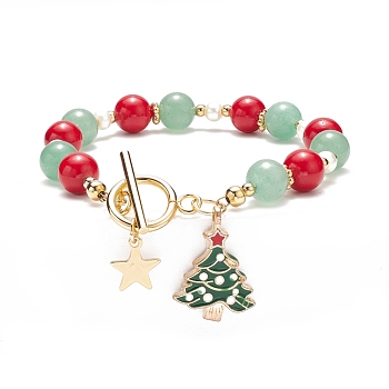 Christmas Tree & Star Alloy Enamel Charm Bracelet, Natural Mashan Jade & Green Aventurine Beaded Bracelet for Women, Colorful, 7-5/8 inch(19.5cm)