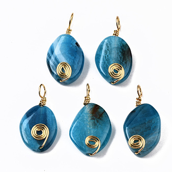 Natural Crackle Agate Pendants, Golden Iron Wire Wrapped Pendants, Dyed, Twist Oval, 29~32x15~17x5~8mm, Hole: 2.5~5mm