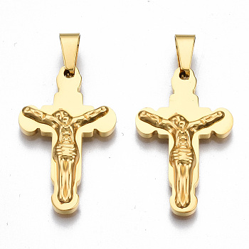 201 Stainless Steel Pendants, Crucifix Cross, for Easter, Real 18K Gold Plated, 30x18x4mm, Hole: 4x8mm