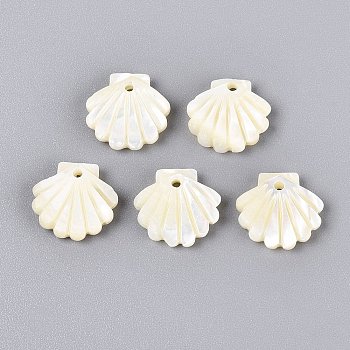 Natural Trochus Shell Carved Pendants, Shell Shape Charms, Light Yellow, 13x14~14.5x3mm, Hole: 1.4mm