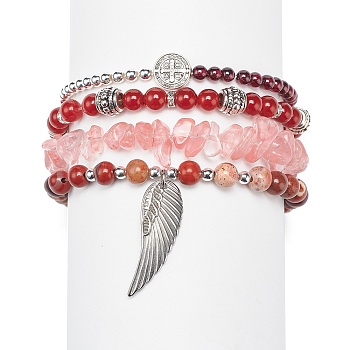 4Pcs 4 Style Natural Mixed Gemstone Beaded Stretch Bracelets Set, Alloy Saint Benedict Medal & Wing Charms Stackable Bracelets for Women, Inner Diameter: 1-3/4~2-1/8 inch(4.5~5.3cm), 1Pc/style