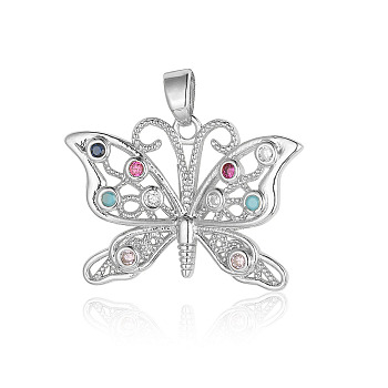 Brass Micro Pave Colorful Cubic Zirconia Pendants, Butterfly Charms, Platinum, 25x18x2.1mm