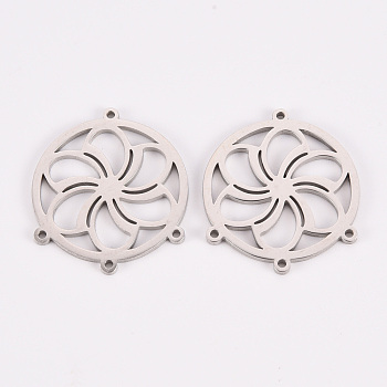 304 Stainless Steel Chandelier Component Links, Laser Cut, Flat Round with Flower, Stainless Steel Color, 23.5x20x1mm, Hole: 1mm