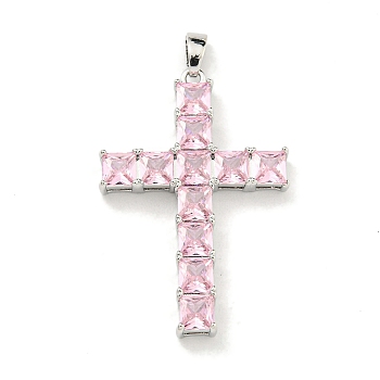 Brass Micro Pave Cubic Zirconia Pendants, Cross Charms, Clear, Platinum, 33x22x4mm, Hole: 5x2.5mm