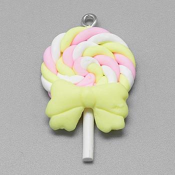 Handmade Polymer Clay Pendants, Lollipop with Bowknot, Yellow, 40~53x27~30x7~9mm, Hole: 2mm