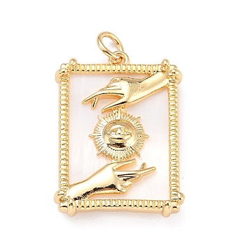 Brass Pendants, with Natural Shell, Long-Lasting Plated, Rectangle with Hand & Sun, Real 18K Gold Plated, 24x16x2.5mm, Hole: 3mm, Jump Ring: 5x1mm