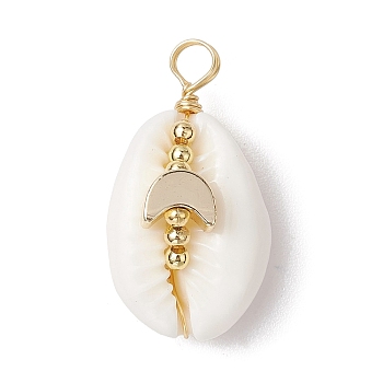 Natural Cowrie Shell Copper Wire Wrapped Pendants, Brass Charms, Golden, Moon, 25.5~28.5x12.5~15.5x9~11.5mm, Hole: 3.5~4.5mm