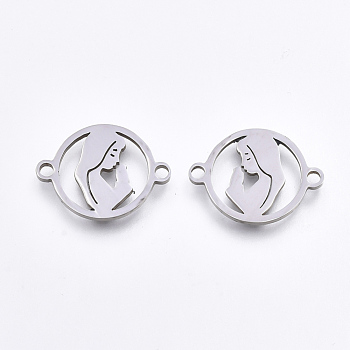 201 Stainless Steel Links connectors, Laser Cut Links, Flat Round with Woman, Stainless Steel Color, 14x18.5x1mm, Hole: 1.5mm