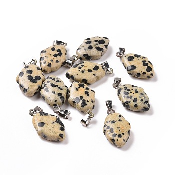 Natural Dalmatian Jasper Pendants, Hamsa Hand Charms, with Platinum Plated Alloy Snap on Bails, 24~24.5x15x7mm, Hole: 5.5x3mm
