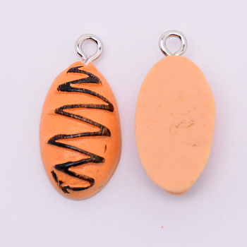 Resin Pendants, with Platinum Plated Iron Loops, Imitation Food, Bread, Coral, 22.5x11x6.5mm, Hole: 1.5mm, 10pcs/bag