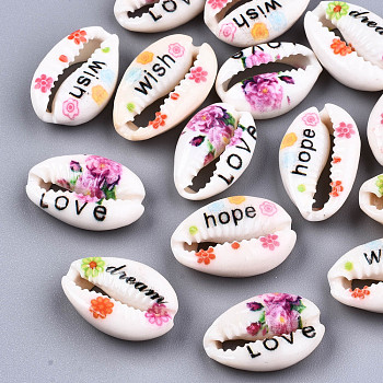 Printed Natural Cowrie Shell Beads, No Hole/Undrilled, with Word & Flower Pattern, Mixed Color, 18~22x13~14x6~8mm