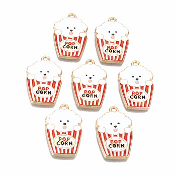 Alloy Enamel Pendants, Cadmium Free & Lead Free, Popcorn with White Dog & Word Popcorn, Light Gold, Red, 28x17x1.5mm, Hole: 1.8mm