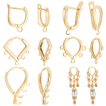 20Pcs 5 Styles Brass Hoop Earring Finding, with Horizontal Loops, Long-Lasting Plated, Twist Rhombus & Teardrop, Real 24K Gold Plated, 15~22x11~17x1.5~5mm, Hole: 1~2mm, Pin: 0.8~1mm, 4Pcs/style