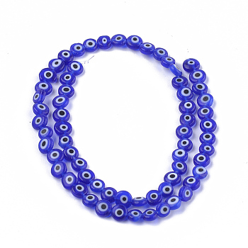 Handmade Evil Eye Lampwork Beads Strands, Flat Round, Blue, 6x2.5mm, Hole: 1mm, about 64~65pcs/strand, 14.1 inch~14.5 inch