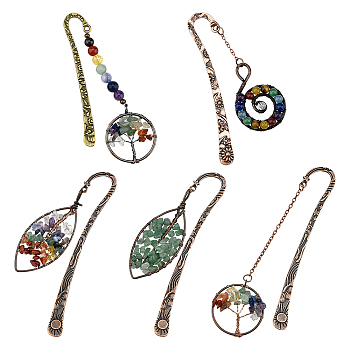 5Pcs 5 Style Brass Bookmarks, Horse Eye & Leaf & Chakra & Flat Round with Tree of Life with Natural Mixed Gemstone, Antique Silver, 1pc/style
