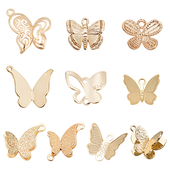 BENECREAT 20Pcs 10 Style Brass Pendants, Nickel Free, Long-Lasting Plated, Butterfly, Real 18K Gold Plated, 8.5~17.5x10.5~16x2~5mm, Hole: 0.9~1.6mm, 2pcs/color