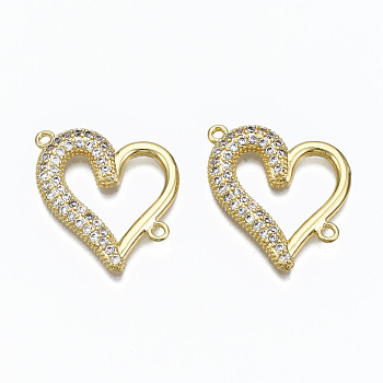 Brass Micro Pave Clear Cubic Zirconia Links Connectors, Nickel Free, Heart, Real 16K Gold Plated, 23x22x2.5mm, Hole: 1.5mm