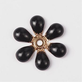 Flower Brass Enamel Beads, Golden, Black, 16x18x2mm, Hole: 2mm