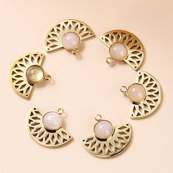 Bohemia Style Natural Rose Quartz Pendants, Fan Charms, with Golden Tone Stainless steel Findings, 18x15x5mm
