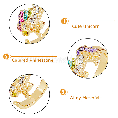 HOBBIESAY 4Pcs 2 Colors Unicorn Colorful Rhinestone Open Cuff Rings Set(RJEW-HY0001-01)-4