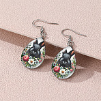 Easter 304 Stainless Steel & Glass Dangle Earrings, Teardrop with Rabbit Pattern, Platinum, Black, 45x18mm(FS-WG8BFF2-03)