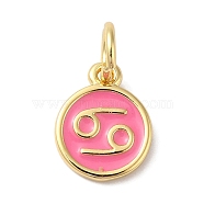 Real 18K Gold Plated Brass Enamel Charms, with Jump Ring, Long-Lasting Plated, Lead Free & Cadmium Free, Flat Round with Cancer Charms, Pearl Pink, 10x8x1mm, Hole: 4mm(KK-L216-001G-B04)