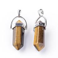Natural Tiger Eye Double Terminated Pointed Pendants, with Platinum Tone Alloy Findings, Bullet, 35~42x11~13x7.5mm, Hole: 3.5x4.5mm(G-S240-11)