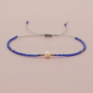 Glass Imitation Pearl & Seed Braided Bead Bracelets, Adjustable Bracelet, Medium Blue, 11 inch(28cm)(WO2637-20)